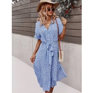 Light Blue Floral Print Midi Dress Button Front V-Neck